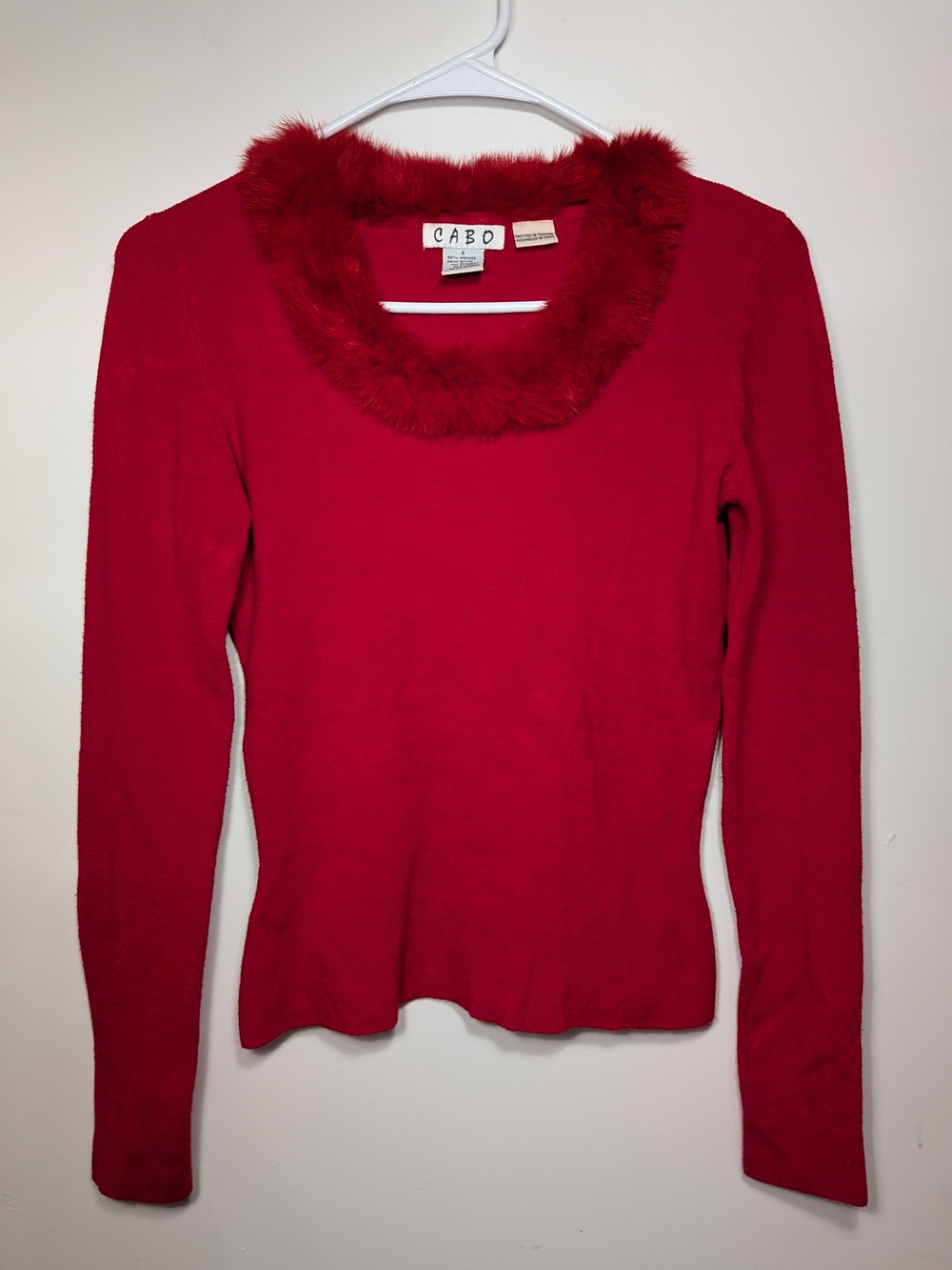 Vintage CABO Red Faux Fur Feather Trim Sweater Scoop Neck Y2K 90s Knit Top S